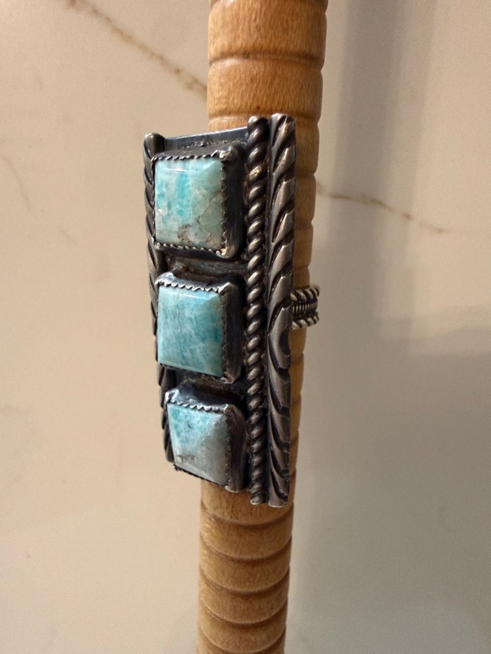 Vintage Sterling Silver Triple Turquoise Statement Ring Size 6 Artist Signed